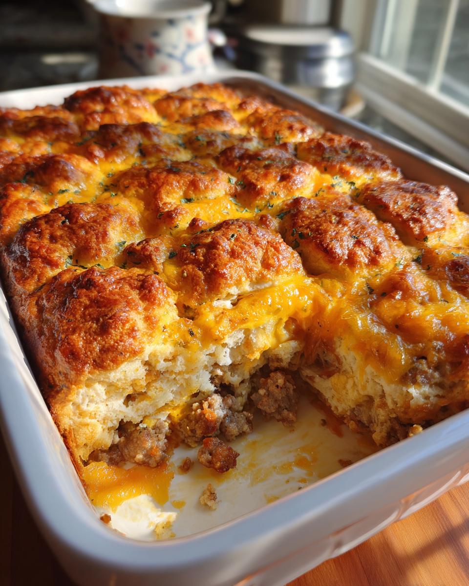 A close-up of a golden-brown Breakfast Casserole with Biscuits, topped with melted cheese and herbs.