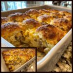 A close-up of a golden-brown Breakfast Casserole with Biscuits, filled with sausage and melted cheese.