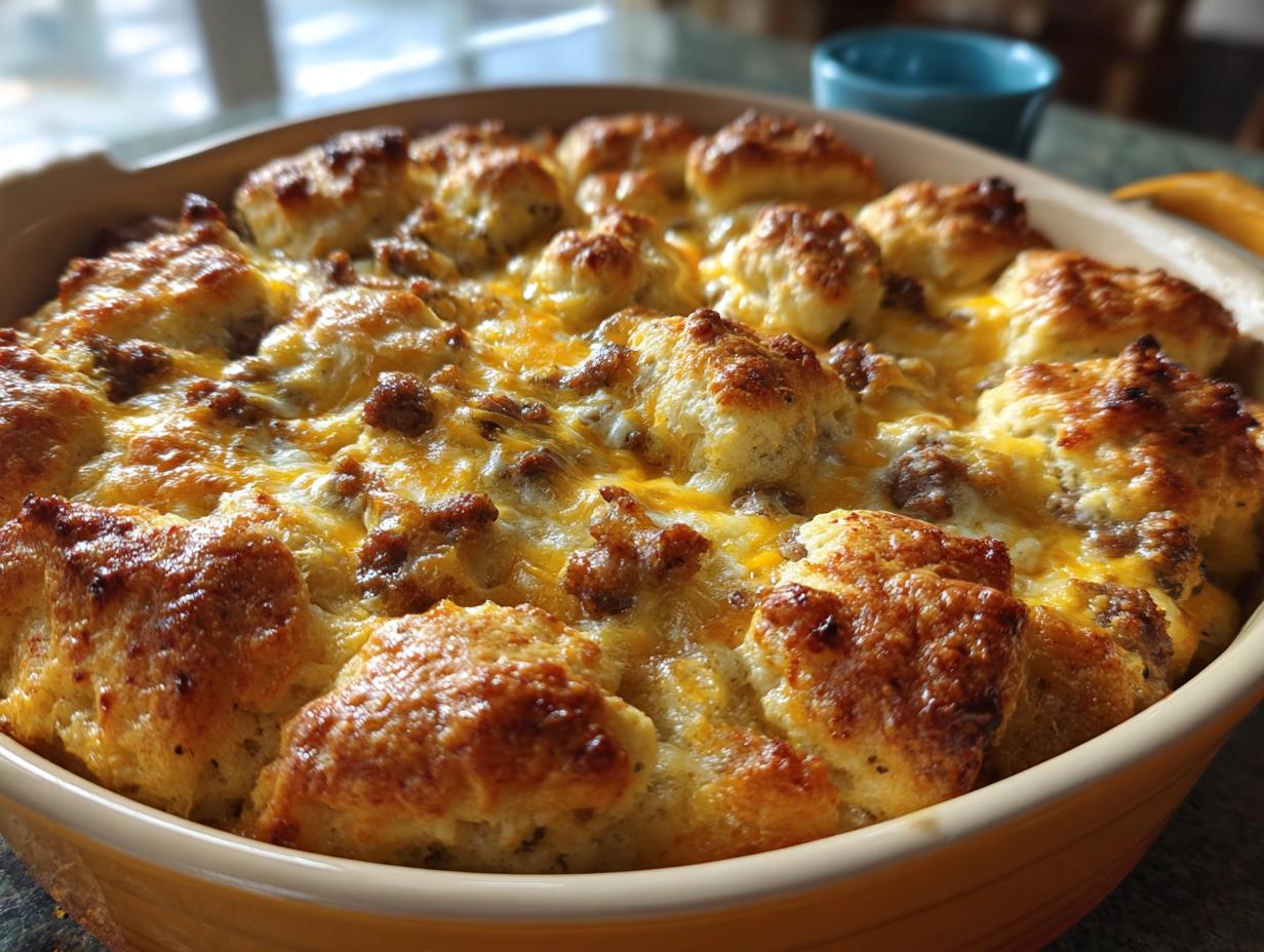 Close-up of a golden-brown Breakfast Casserole with Biscuits, topped with melted cheese and sausage.
