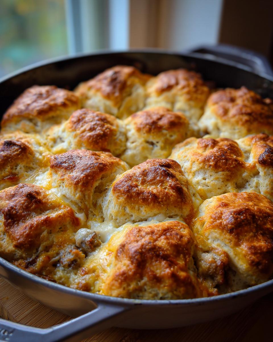 A close-up of a bubbling Breakfast Casserole with Biscuits, featuring golden brown biscuits and melted cheese.