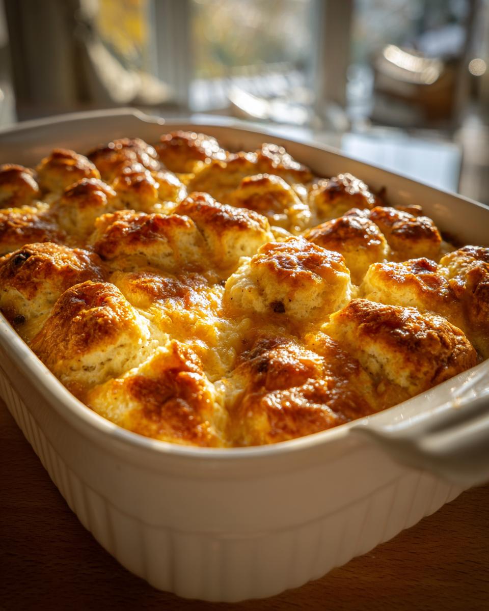 A golden-brown baked breakfast casserole with biscuits nestled in cheesy goodness.