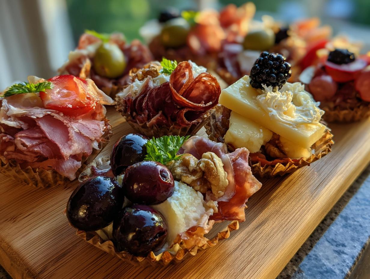 A variety of delicious charcuterie cups filled with meats, cheeses, olives, berries, and nuts, perfect for a crowd.