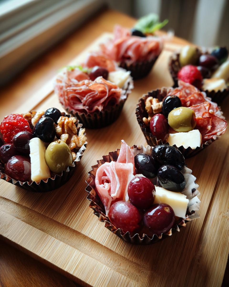 Assortment of individual Charcuterie Cups filled with cured meats, cheeses, olives, grapes, and berries.