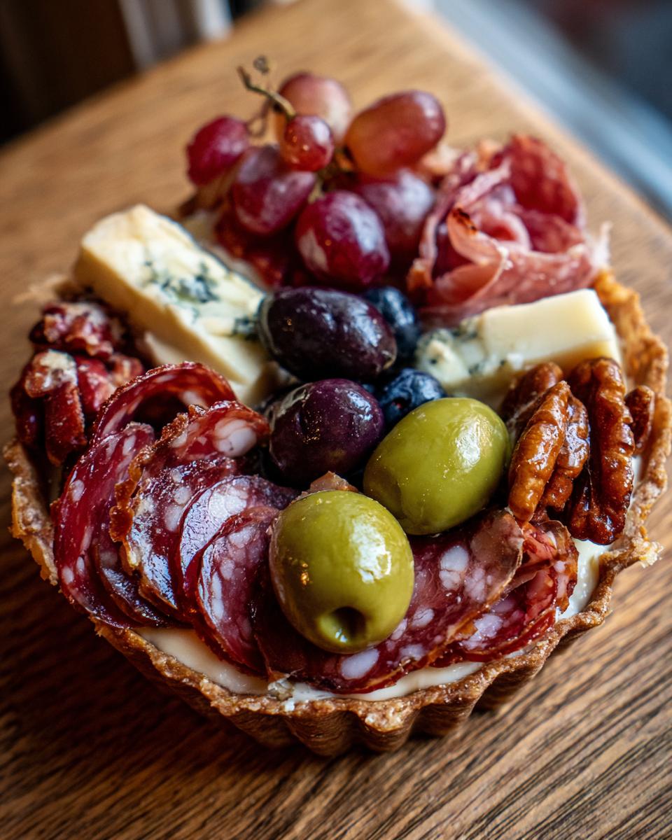A single serving charcuterie cup filled with salami, olives, grapes, blueberries, cheese, and nuts.