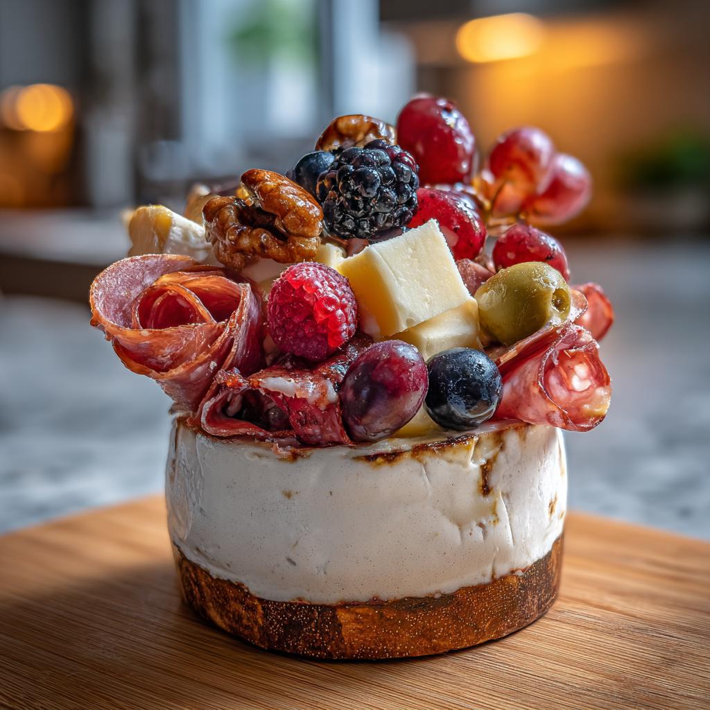 A single serving charcuterie cup filled with salami, cheese, berries, olives, and nuts.