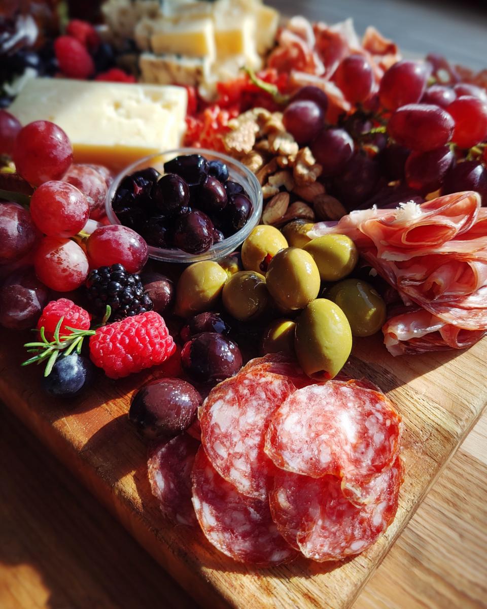 A close-up of a wooden board filled with ingredients for charcuterie cups, including grapes, olives, berries, salami, and cheese.
