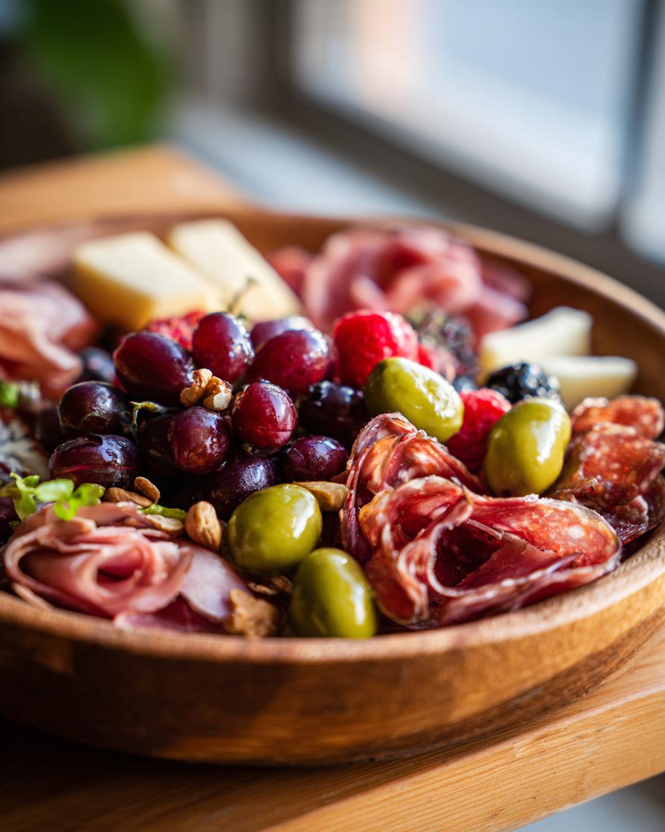 Close-up of a wooden bowl filled with ingredients for Charcuterie Cups, featuring red grapes, green olives, salami, and cheese.