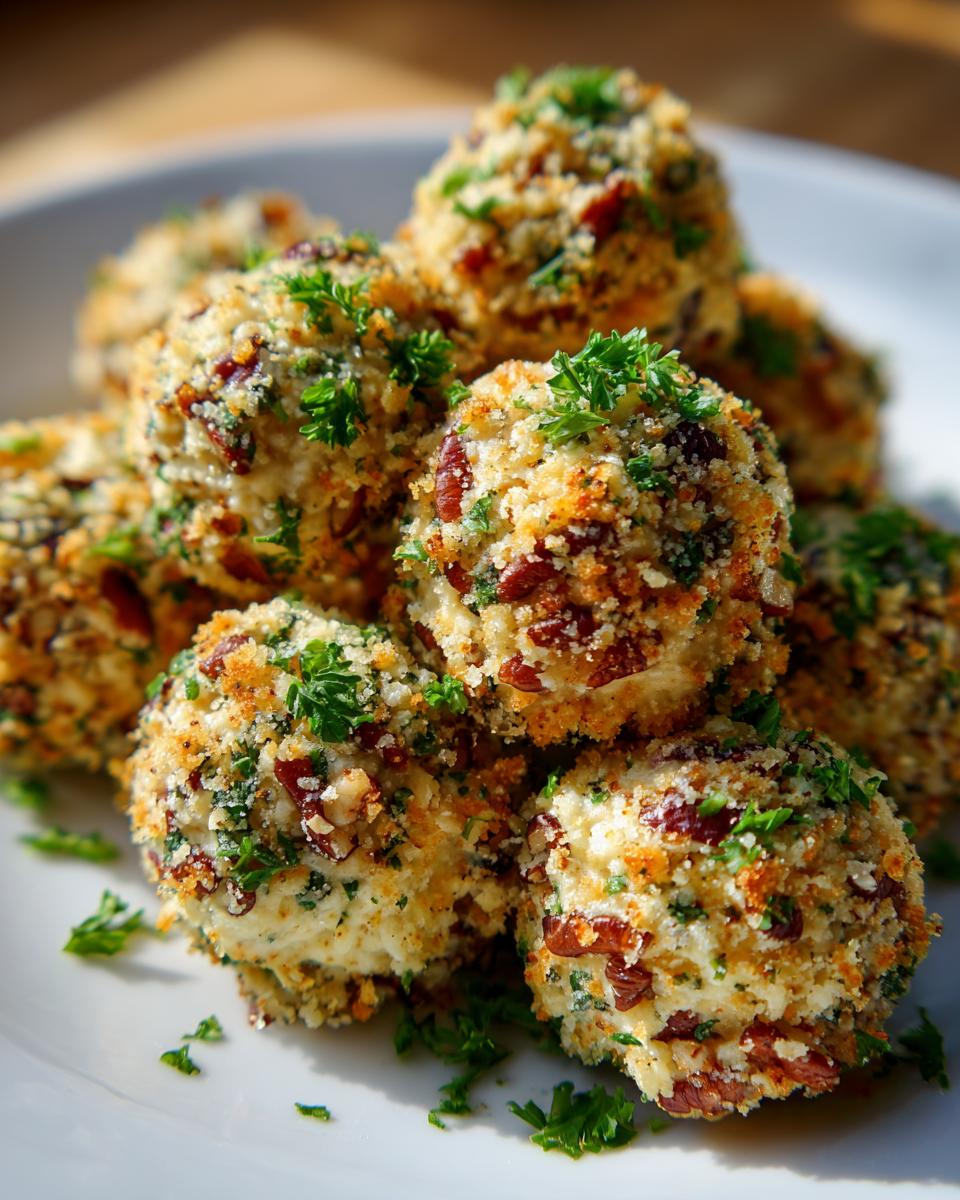 A close-up of a pile of delicious Cheese Ball Bites, coated in breadcrumbs and herbs, garnished with parsley.