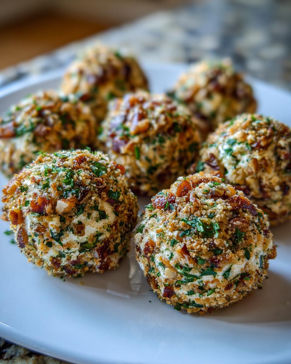 Close-up of delicious Cheese Ball Bites coated in crunchy toppings like bacon bits and parsley.