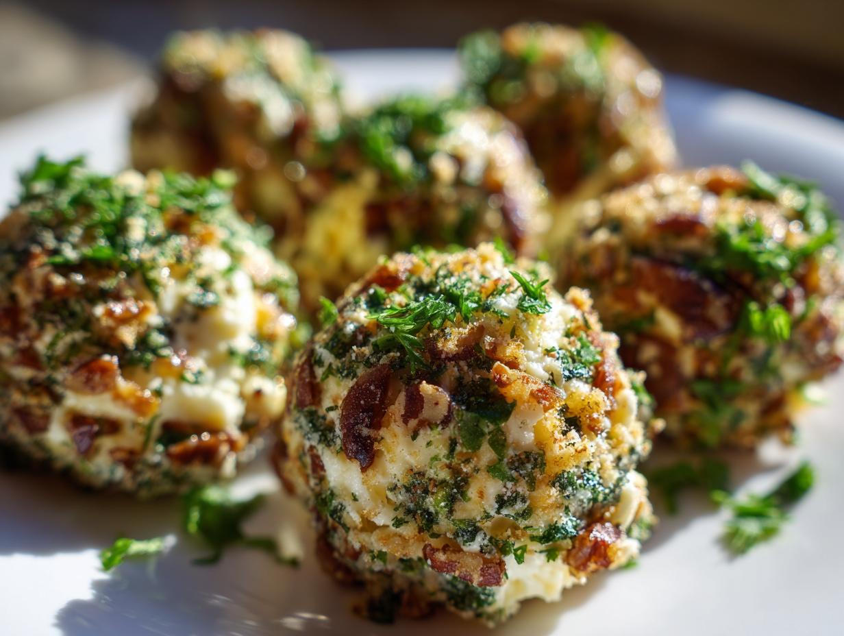Close-up of several delicious Cheese Ball Bites coated in bacon bits and fresh parsley on a white plate.