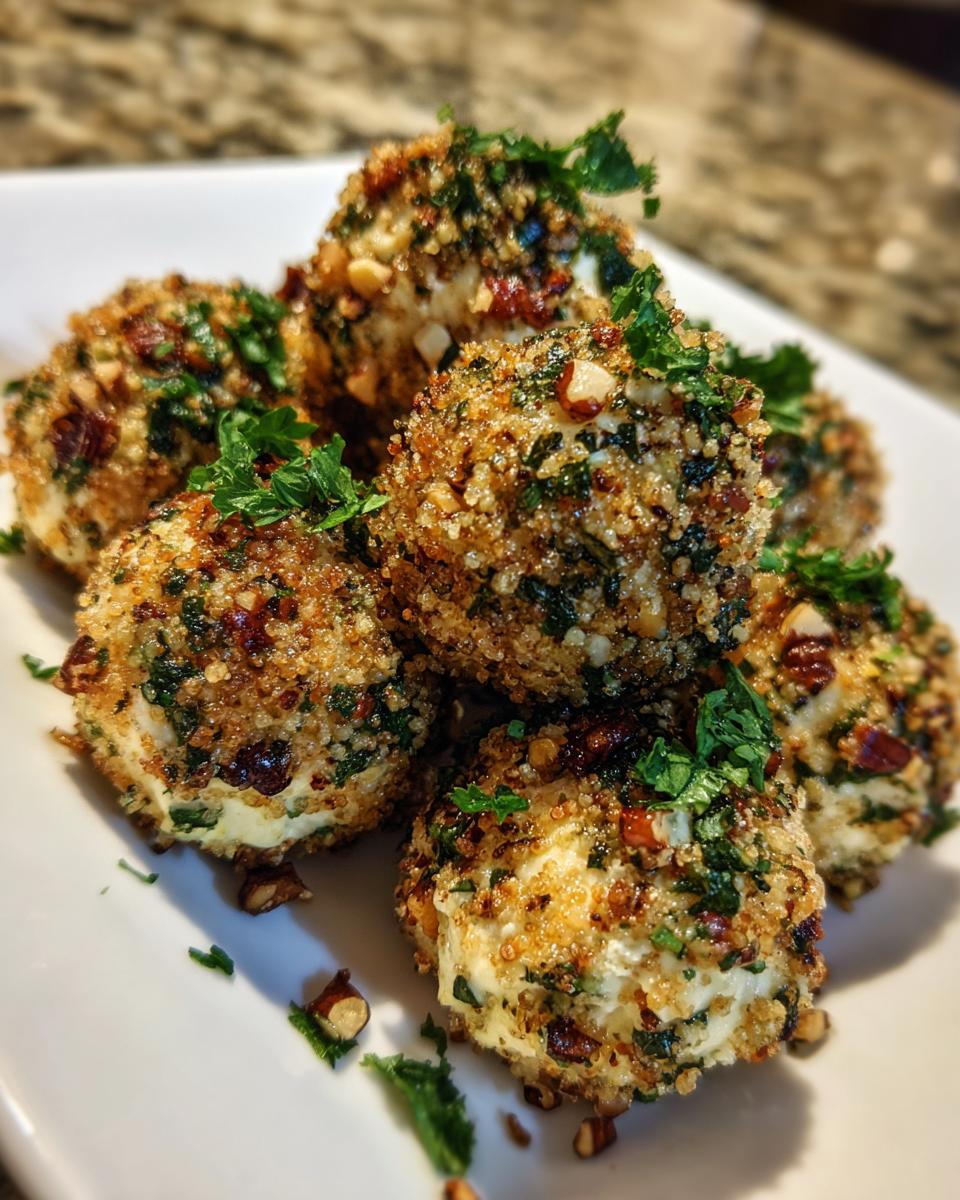 A close-up of several delicious Cheese Ball Bites coated in breadcrumbs, herbs, and chopped nuts, garnished with fresh parsley.