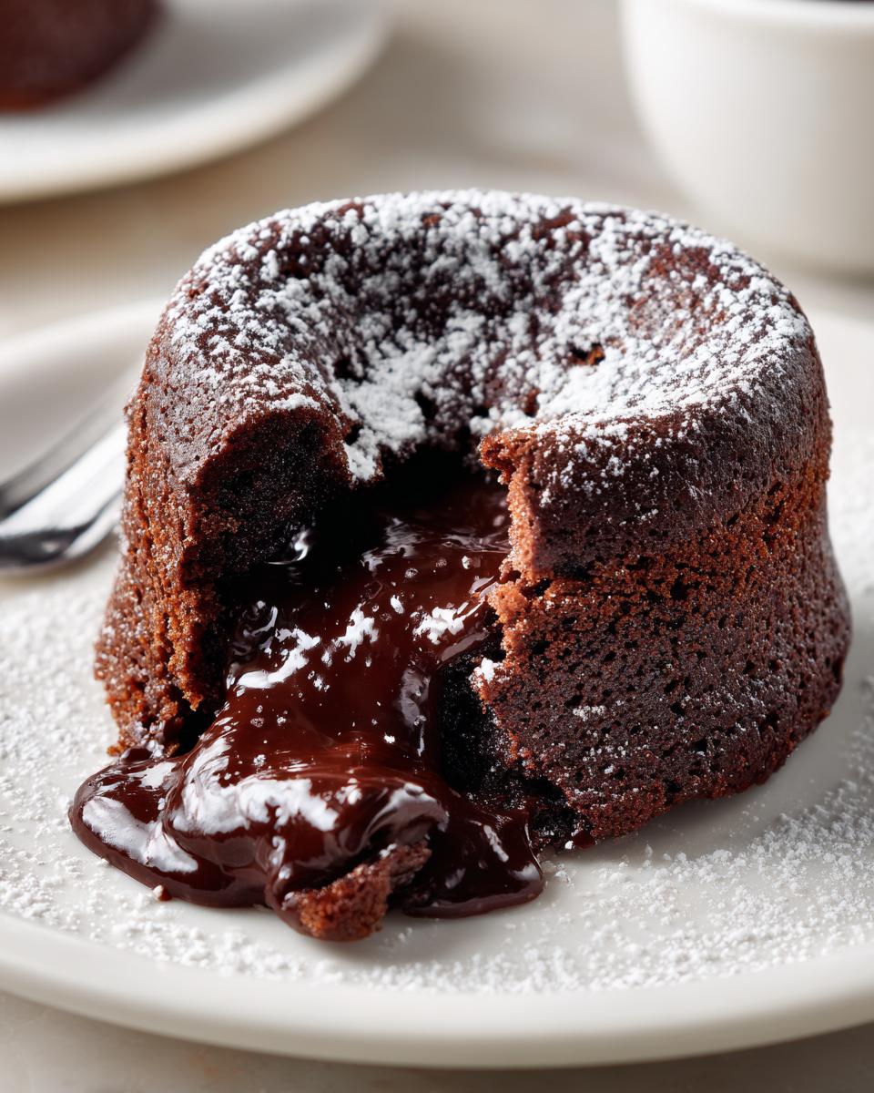 A close-up of a decadent Chocolate Lava Cake with warm, gooey chocolate flowing out, dusted with powdered sugar.