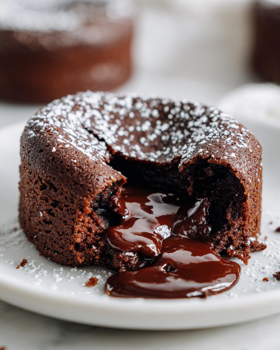 Close-up of a decadent Chocolate Lava Cake with warm, gooey chocolate flowing out, dusted with powdered sugar.