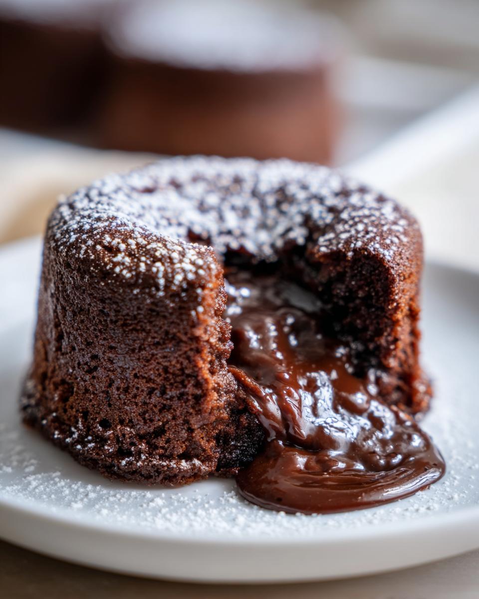 Close-up of a perfect Chocolate Lava Cake with molten chocolate oozing out, dusted with powdered sugar.