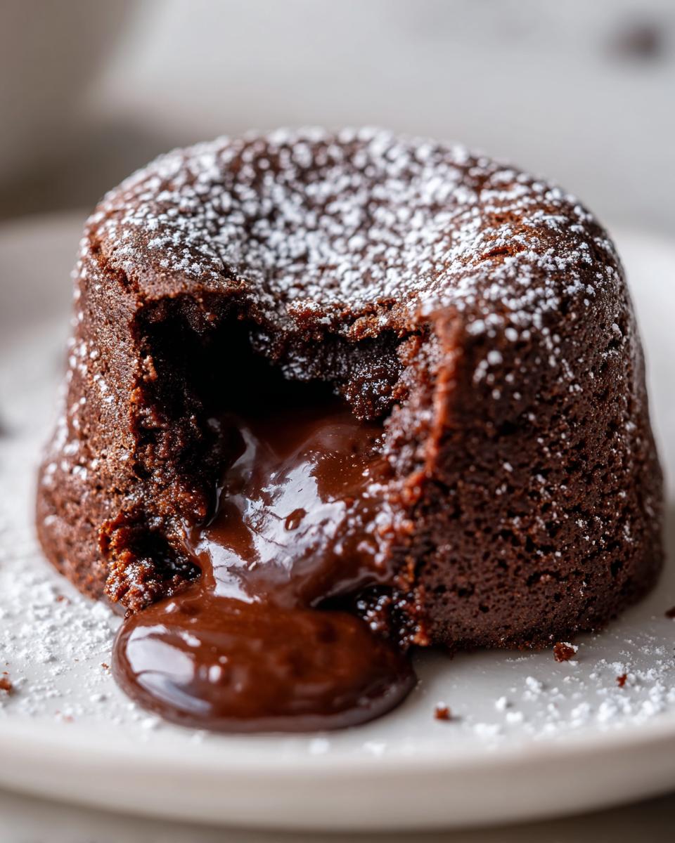 A close-up of a decadent chocolate lava cake with a molten chocolate center, dusted with powdered sugar.