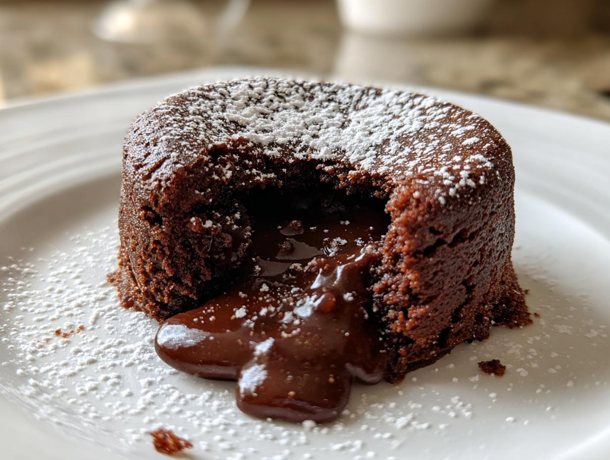 A decadent chocolate lava cake with a molten center, dusted with powdered sugar, on a white plate.