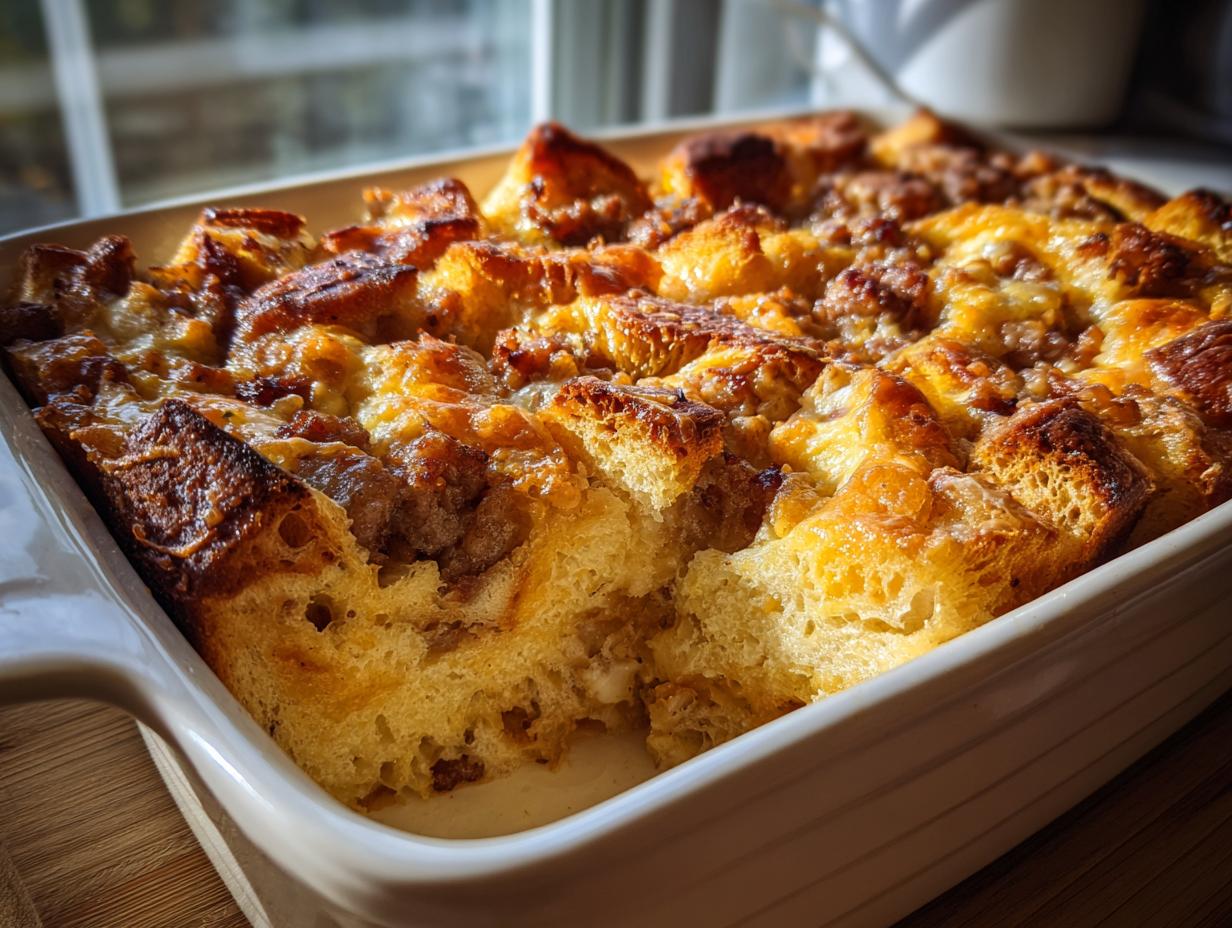 A golden brown, baked Breakfast Casserole for Christmas Morning in a white baking dish, with cubes of bread and sausage visible.