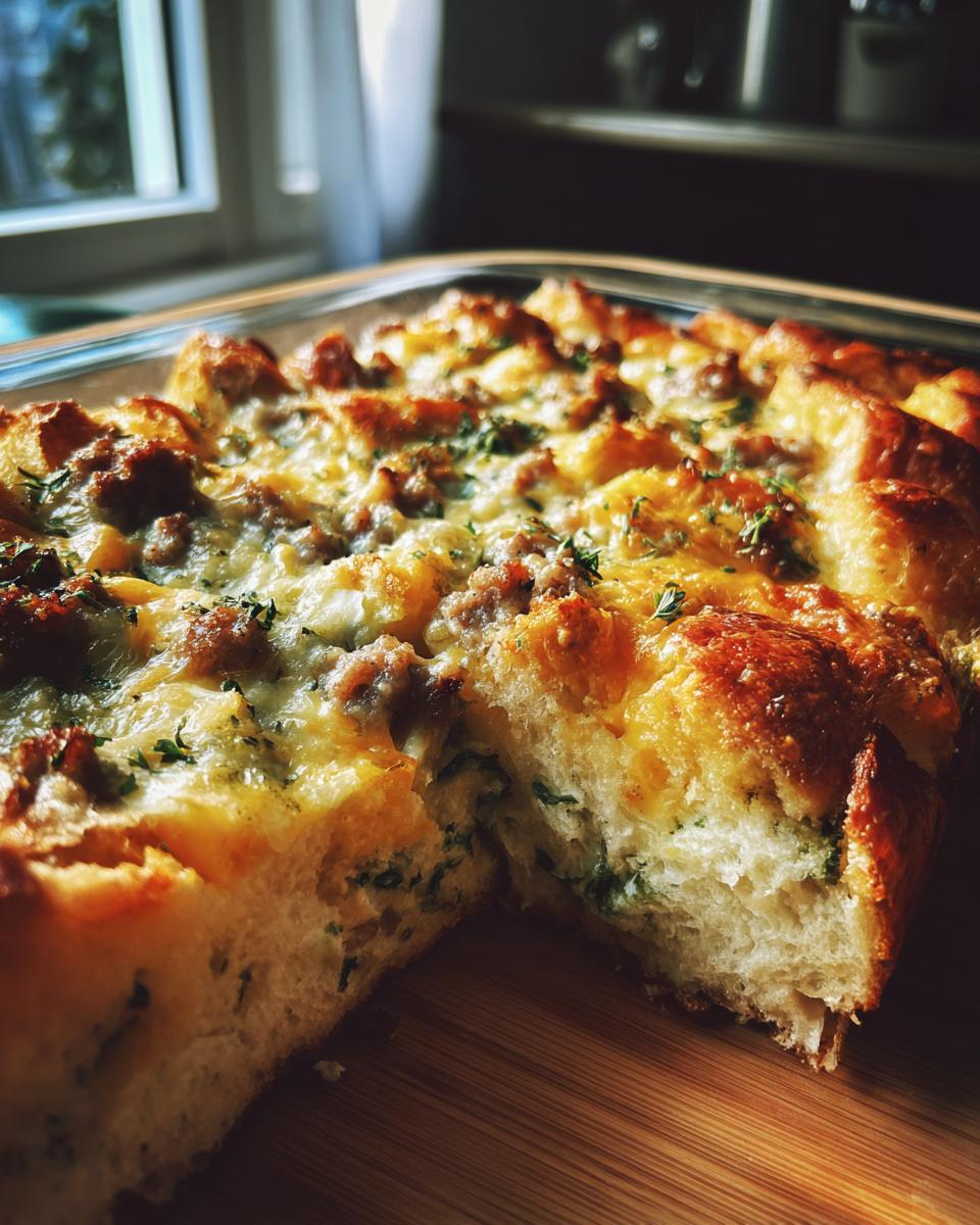 A golden-brown Christmas Morning Breakfast Casserole topped with melted cheese and herbs, with a slice removed to show the fluffy interior.