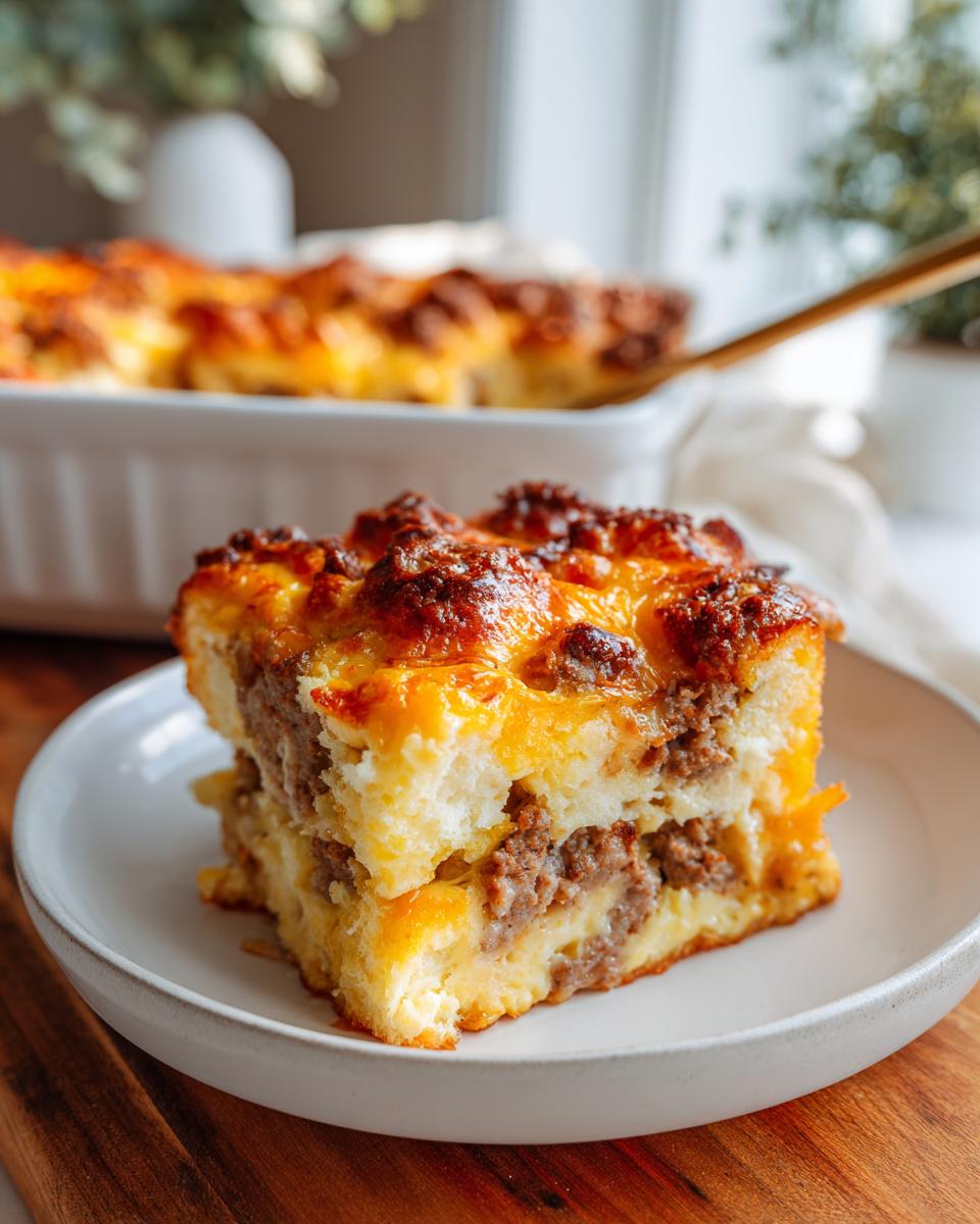 A delicious slice of Breakfast Casserole for Christmas Morning, featuring layers of sausage, eggs, cheese, and bread.