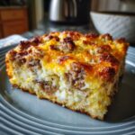 A delicious slice of Breakfast Casserole for Christmas Morning, featuring sausage, eggs, and melted cheese.