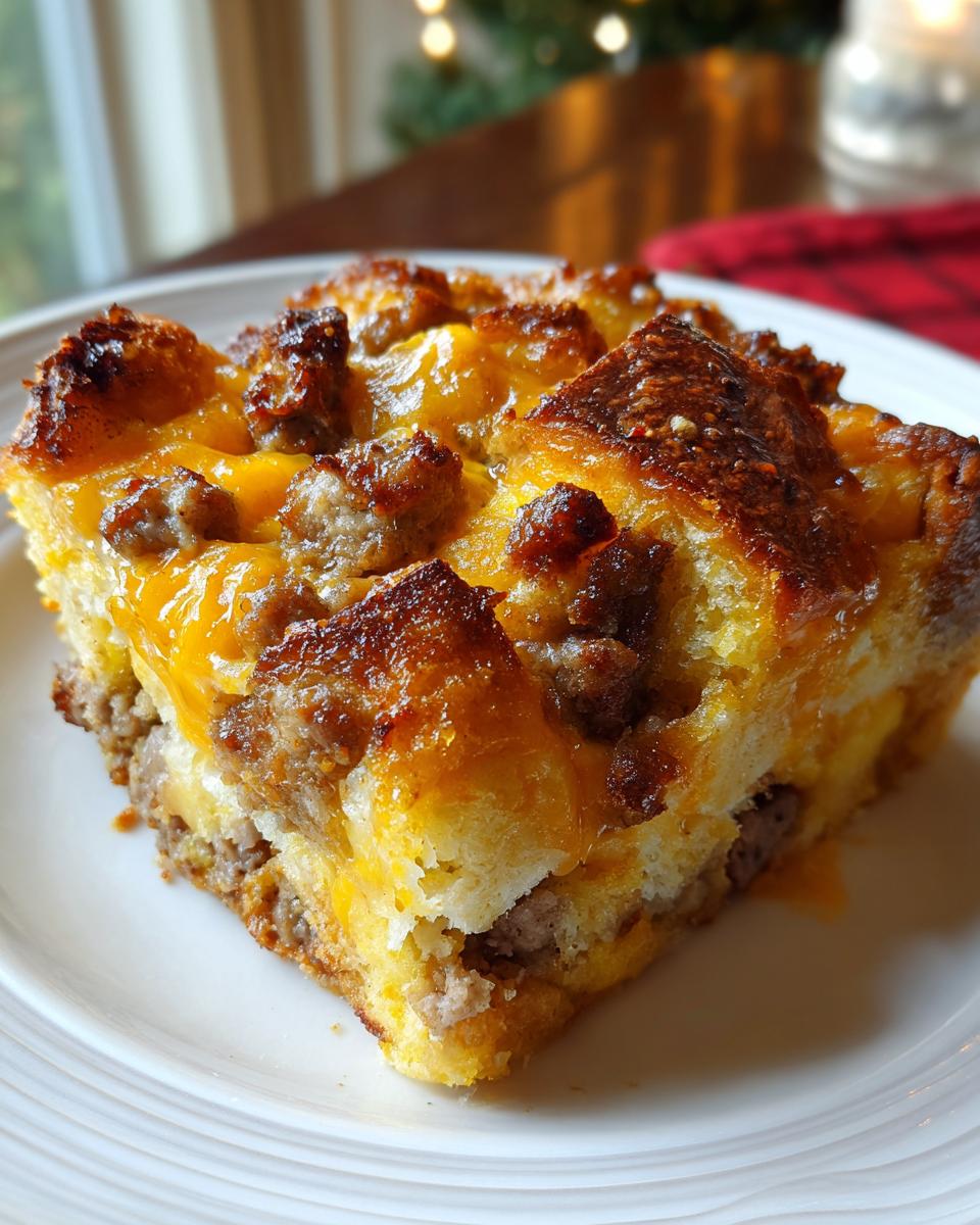 A slice of hearty Breakfast Casserole for Christmas Morning, featuring sausage, bread, and melted cheese.