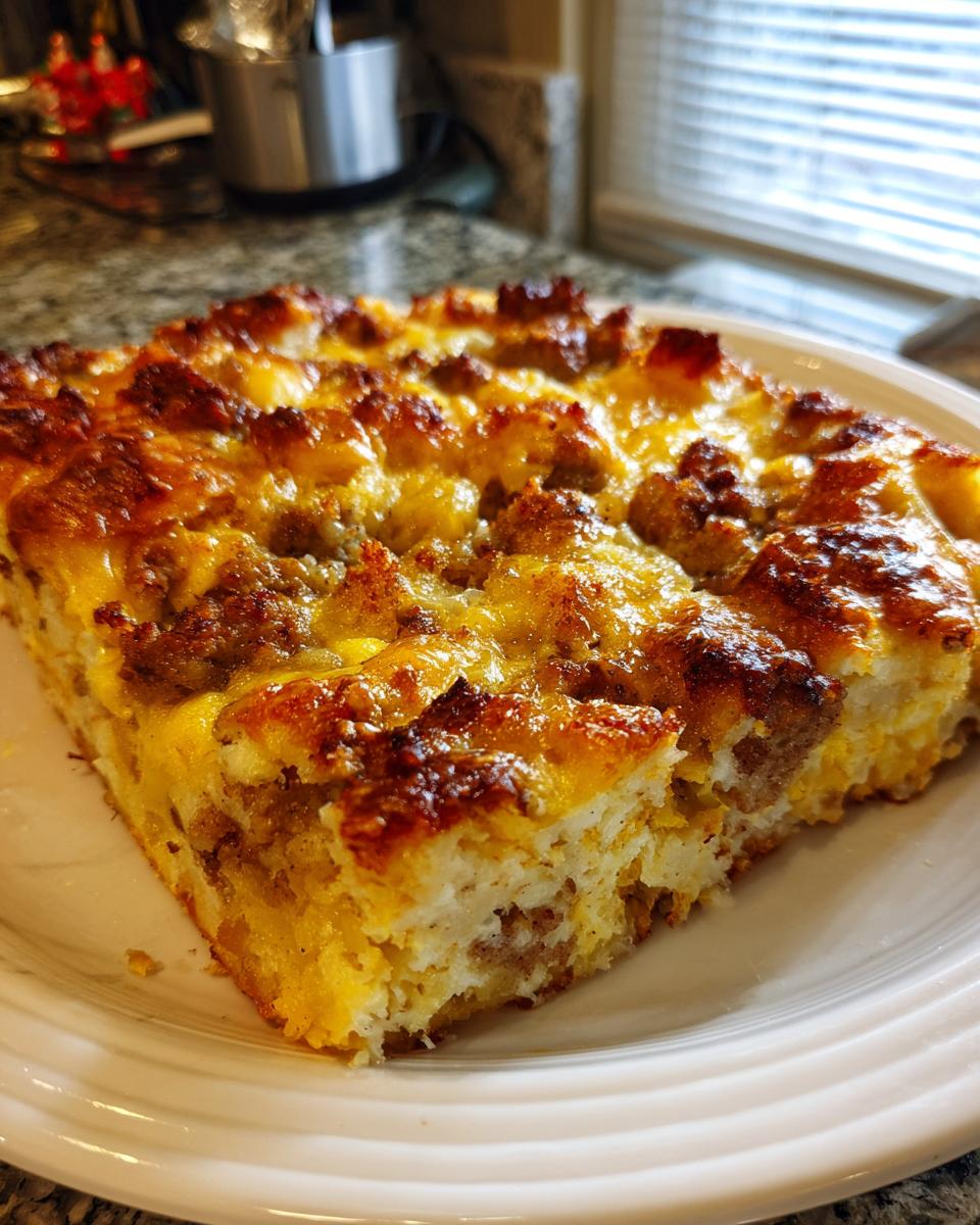 A slice of hearty Christmas Morning Breakfast Casserole with sausage and cheese on a white plate.