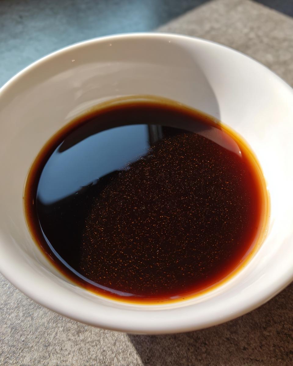 A close-up of The Classic Au Jus, a rich, dark brown liquid in a white bowl, with tiny shimmering particles.