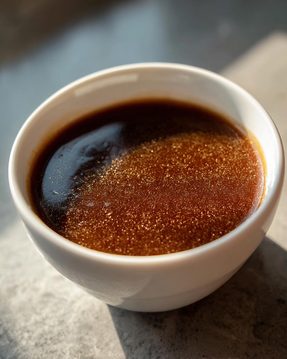 A close-up of a white bowl filled with The Classic Au Jus, showing its rich brown color and shimmering surface.