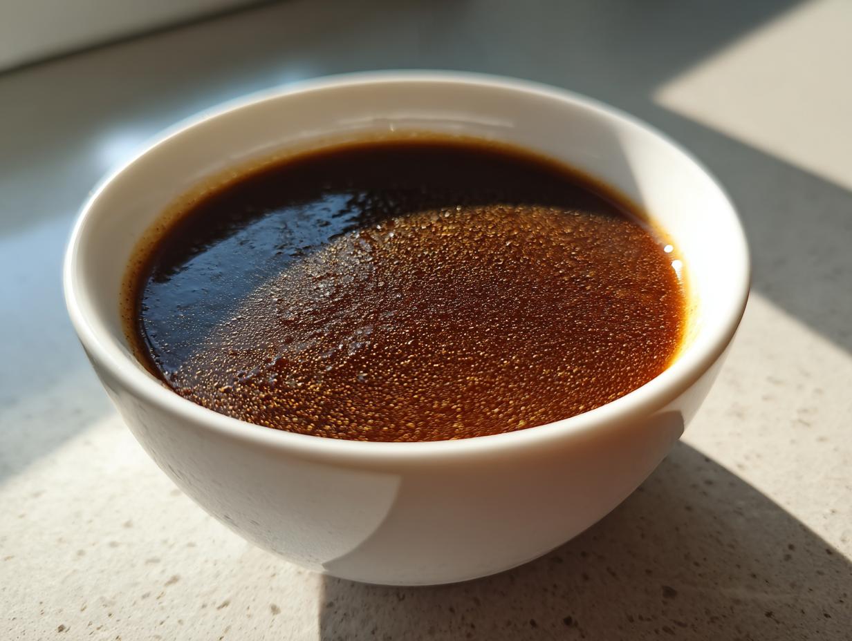 A close-up of a white bowl filled with rich, dark The Classic Au Jus: Unbeatable Flavor Every Time, with sunlight casting shadows.