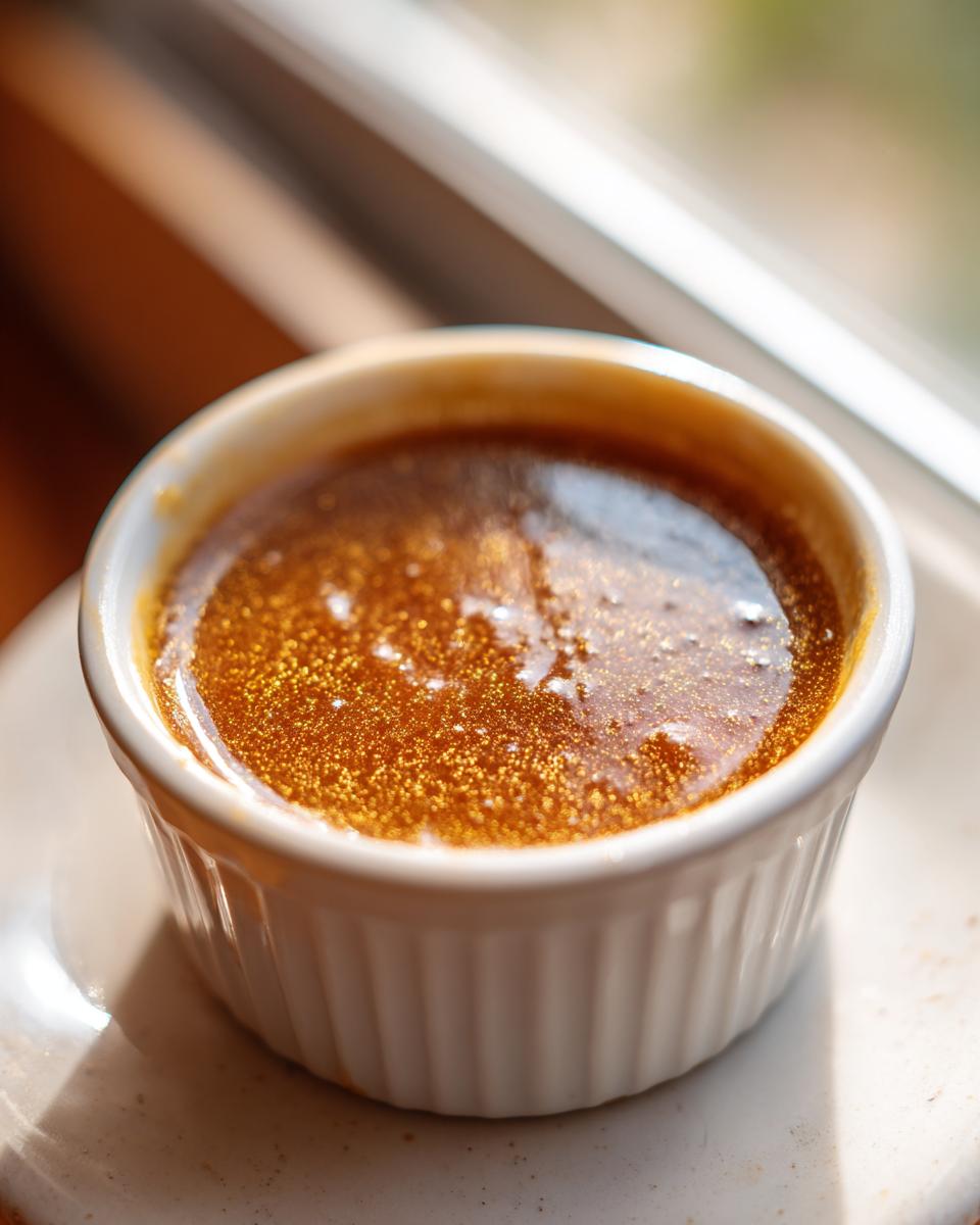 A close-up of a ramekin filled with rich, golden Classic Au Jus, perfect for comfort food.