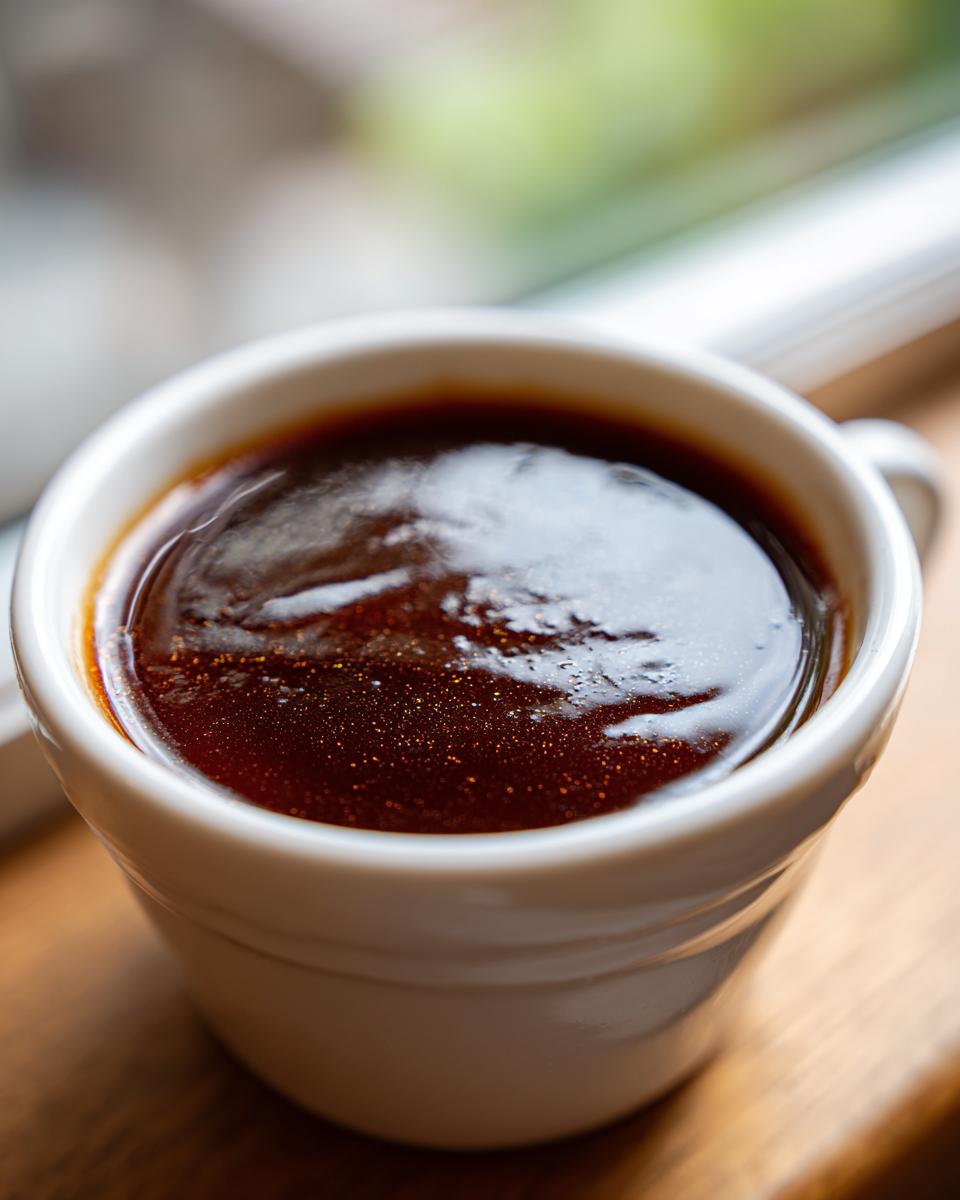 A close-up of a white ramekin filled with rich, dark Classic Au Jus, perfect for comfort food.
