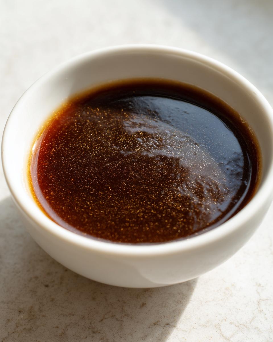 A close-up of The Classic Au Jus in a white ramekin, showing its rich, dark color and subtle sheen.
