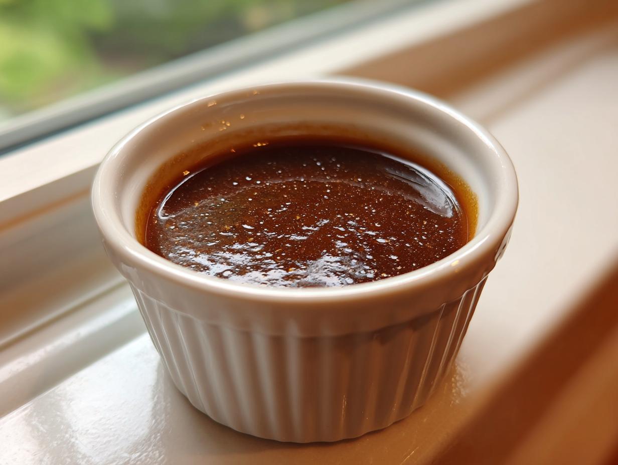 A close-up of a ramekin filled with rich, classic Au Jus, perfect for comfort food.