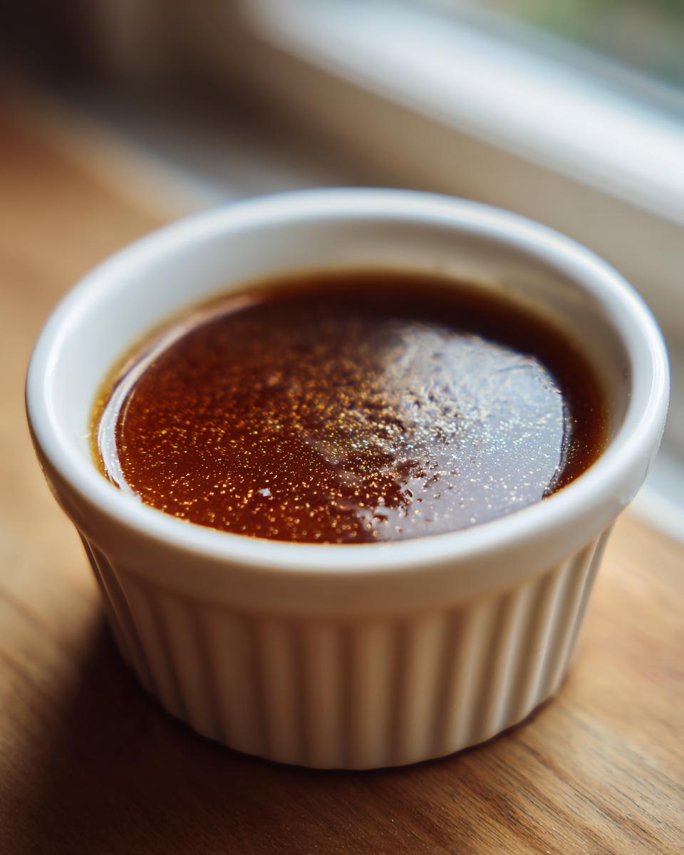 A close-up of a white ramekin filled with rich, glossy Classic Au Jus, perfect for comfort food.