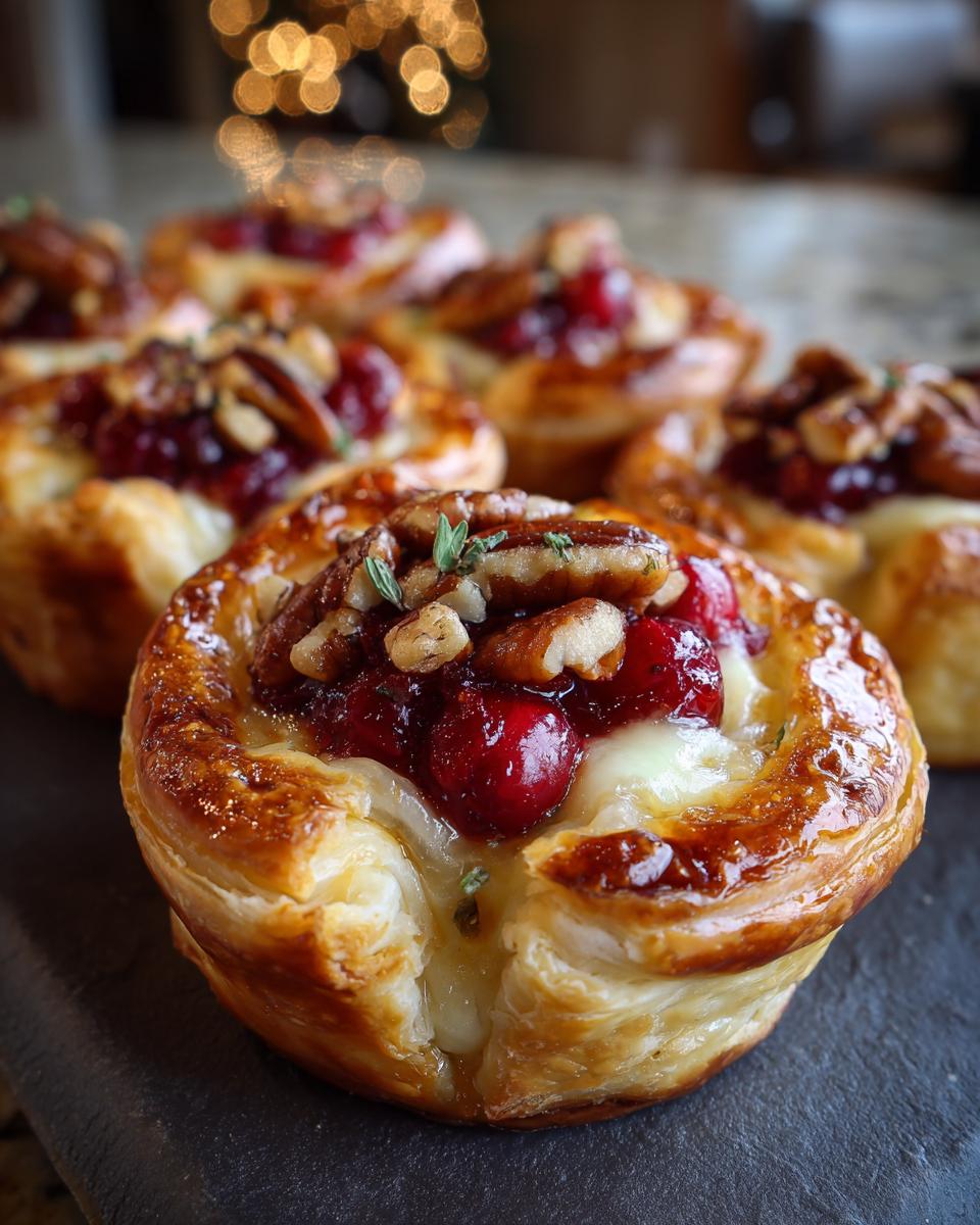 Close-up of delicious Cranberry Brie Cups topped with cranberries, pecans, and fresh thyme.