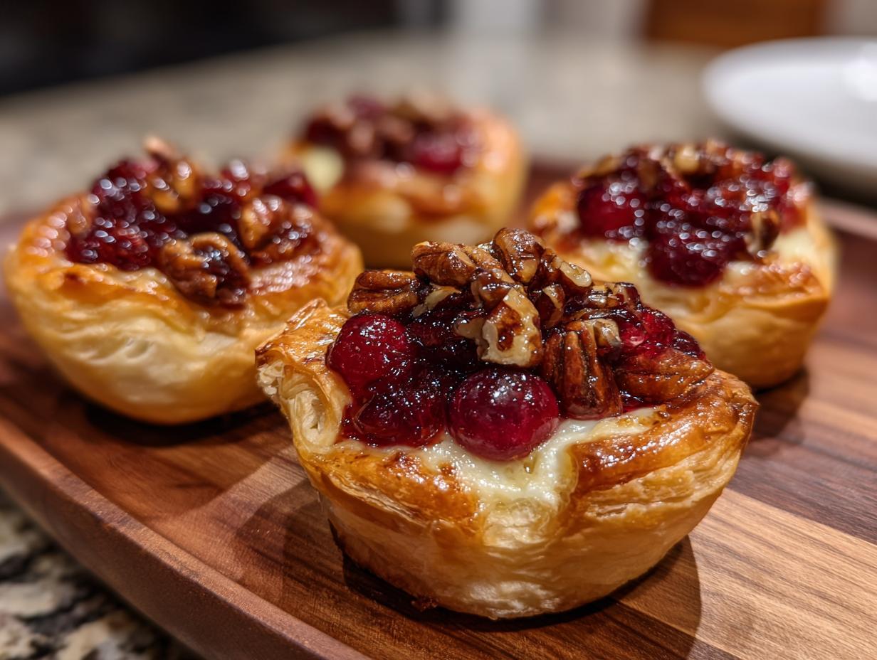 Close-up of delicious Cranberry Brie Cups topped with pecans and cranberries on a wooden board.