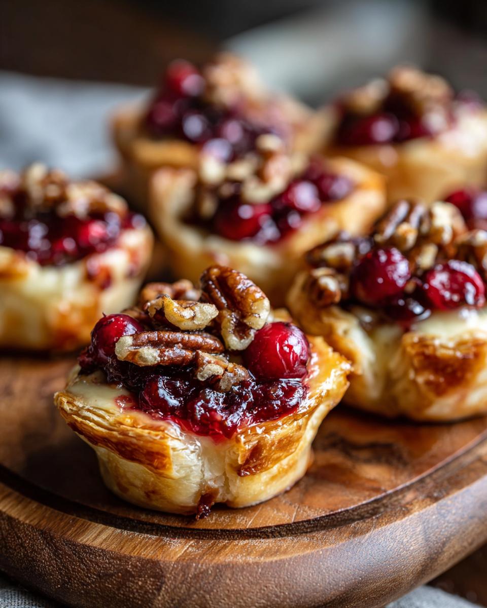 Close-up of delicious Cranberry Brie Cups topped with cranberries and pecans on a wooden board.
