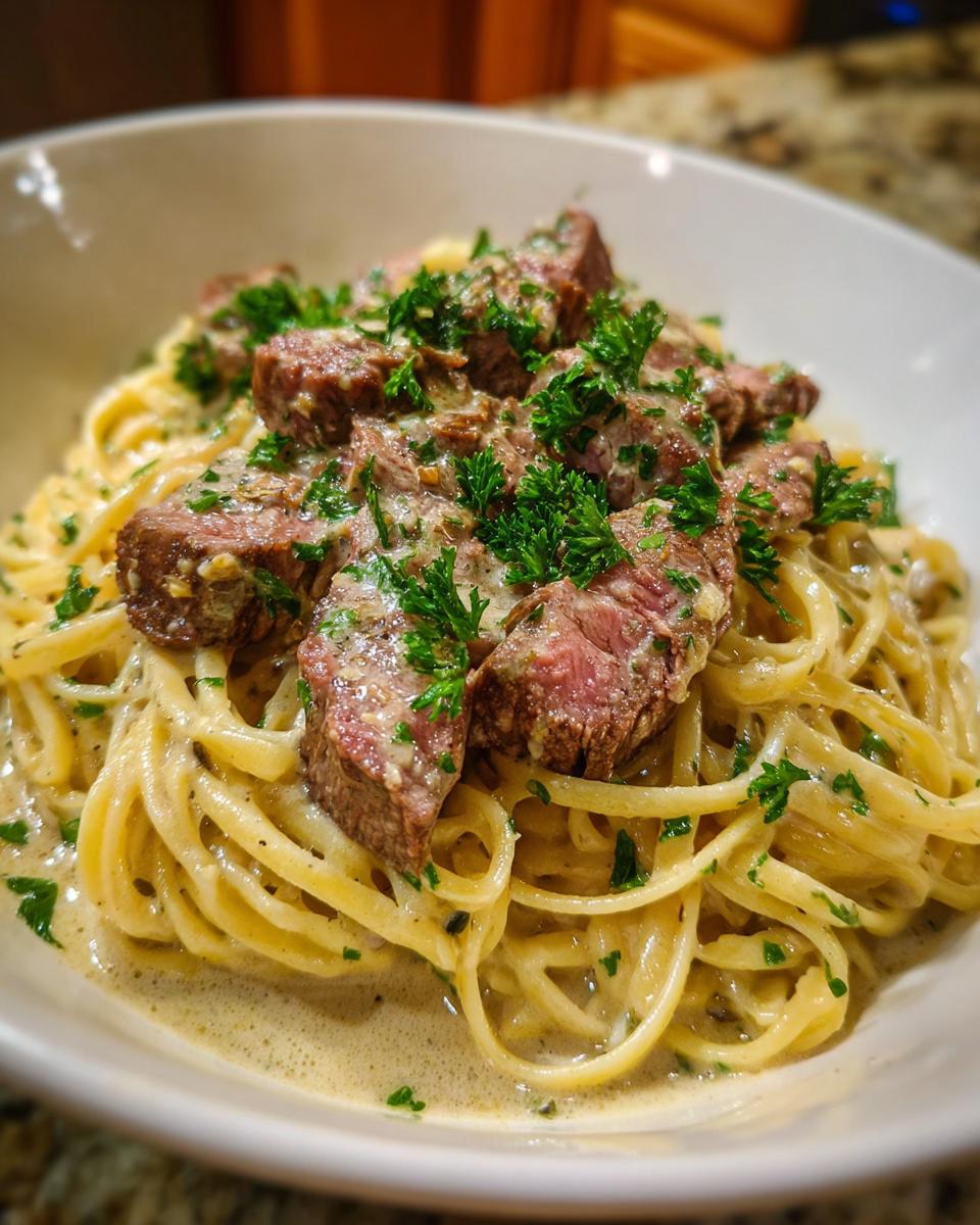 A close-up of creamy Prime Rib Pasta topped with tender slices of steak and fresh parsley.