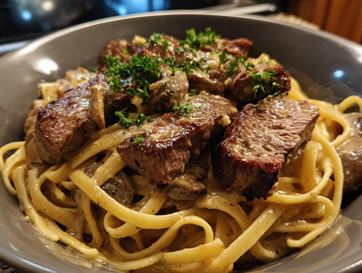 Close-up of a bowl of creamy Prime Rib Pasta topped with tender sliced steak and fresh parsley.