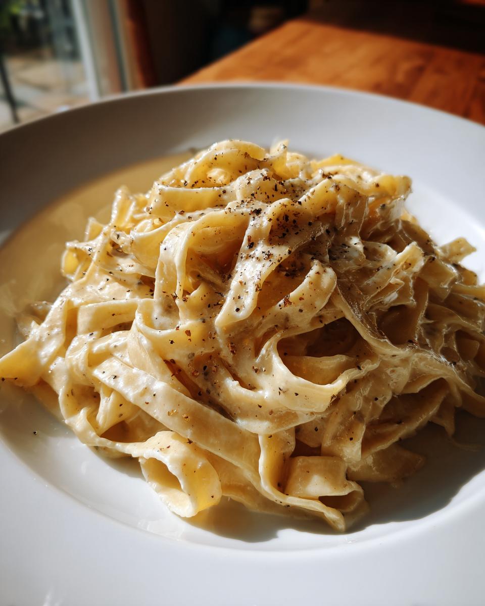A close-up of creamy truffle pasta, generously coated in a rich sauce and sprinkled with black pepper.