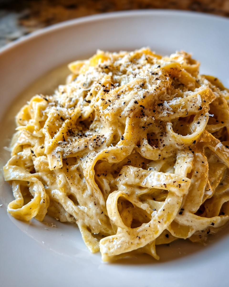 Close-up of a plate of Creamy Truffle Pasta, coated in a rich sauce and topped with grated cheese and black pepper.