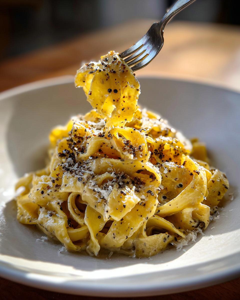 A fork lifts a swirl of Creamy Truffle Pasta, generously seasoned with black pepper and grated Parmesan.