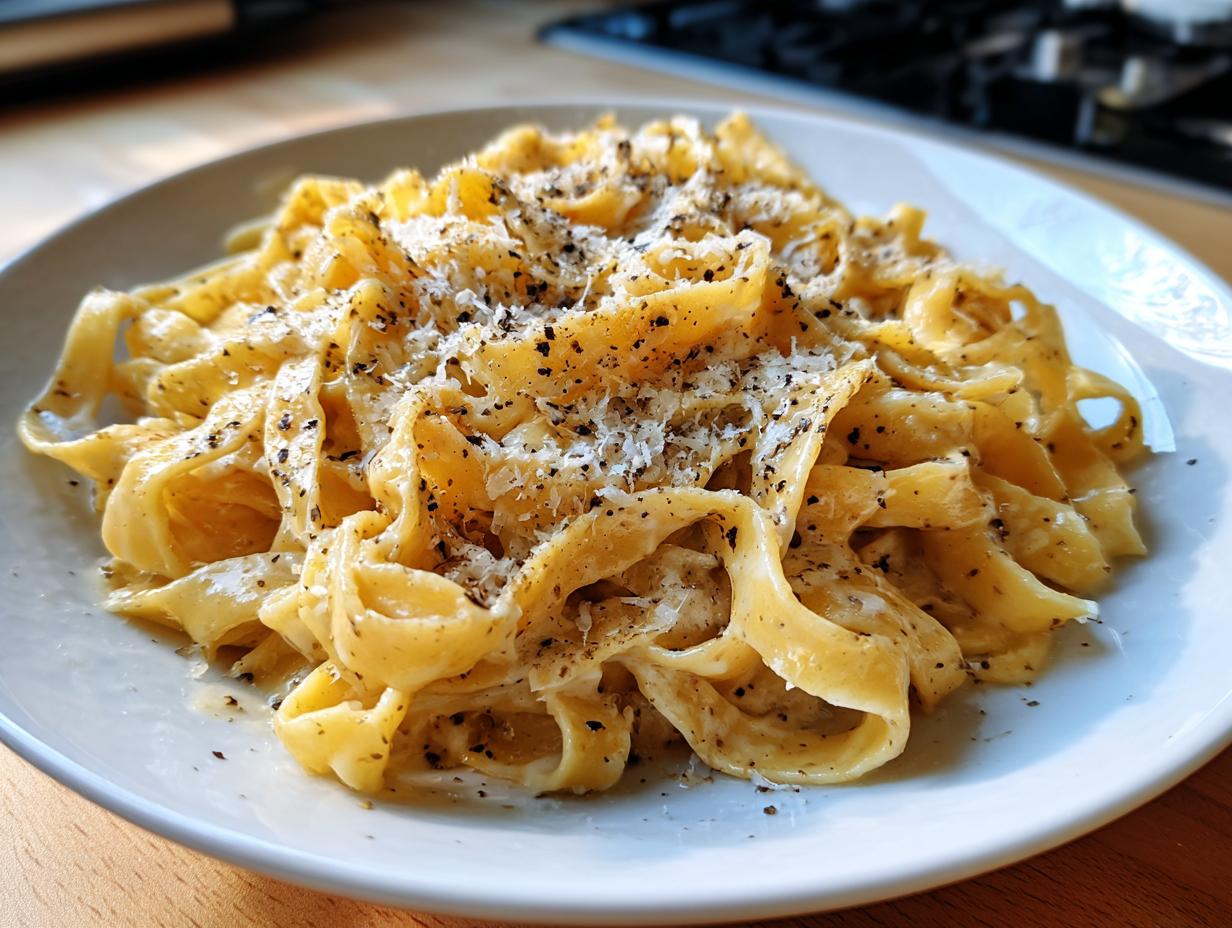 A close-up of a white plate filled with delicious Creamy Truffle Pasta, topped with grated cheese and black pepper.