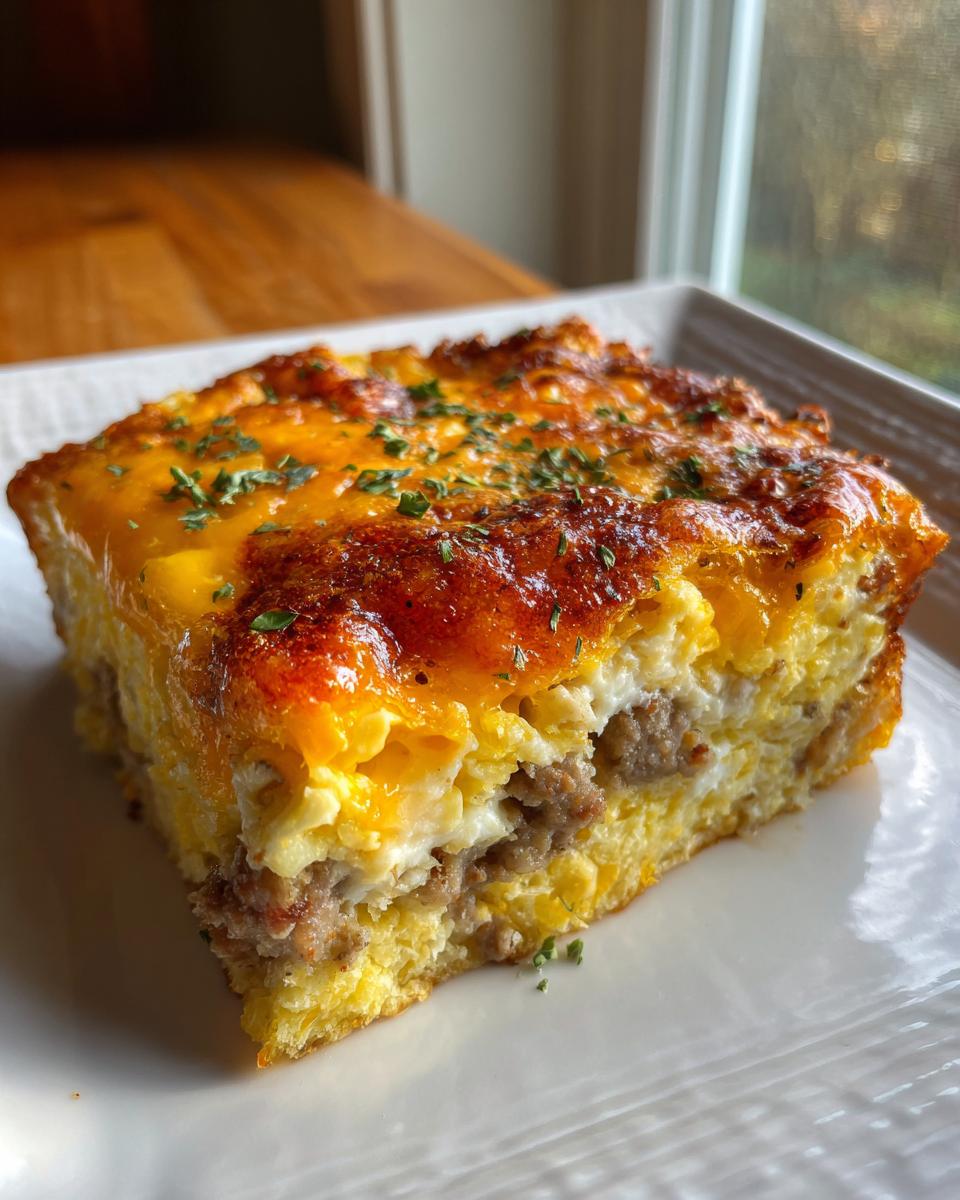 A slice of delicious Crockpot Breakfast Casserole with layers of sausage, eggs, and melted cheese, topped with parsley.