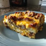 A hearty slice of Crockpot Breakfast Casserole with sausage, eggs, and melted cheese on a plate.
