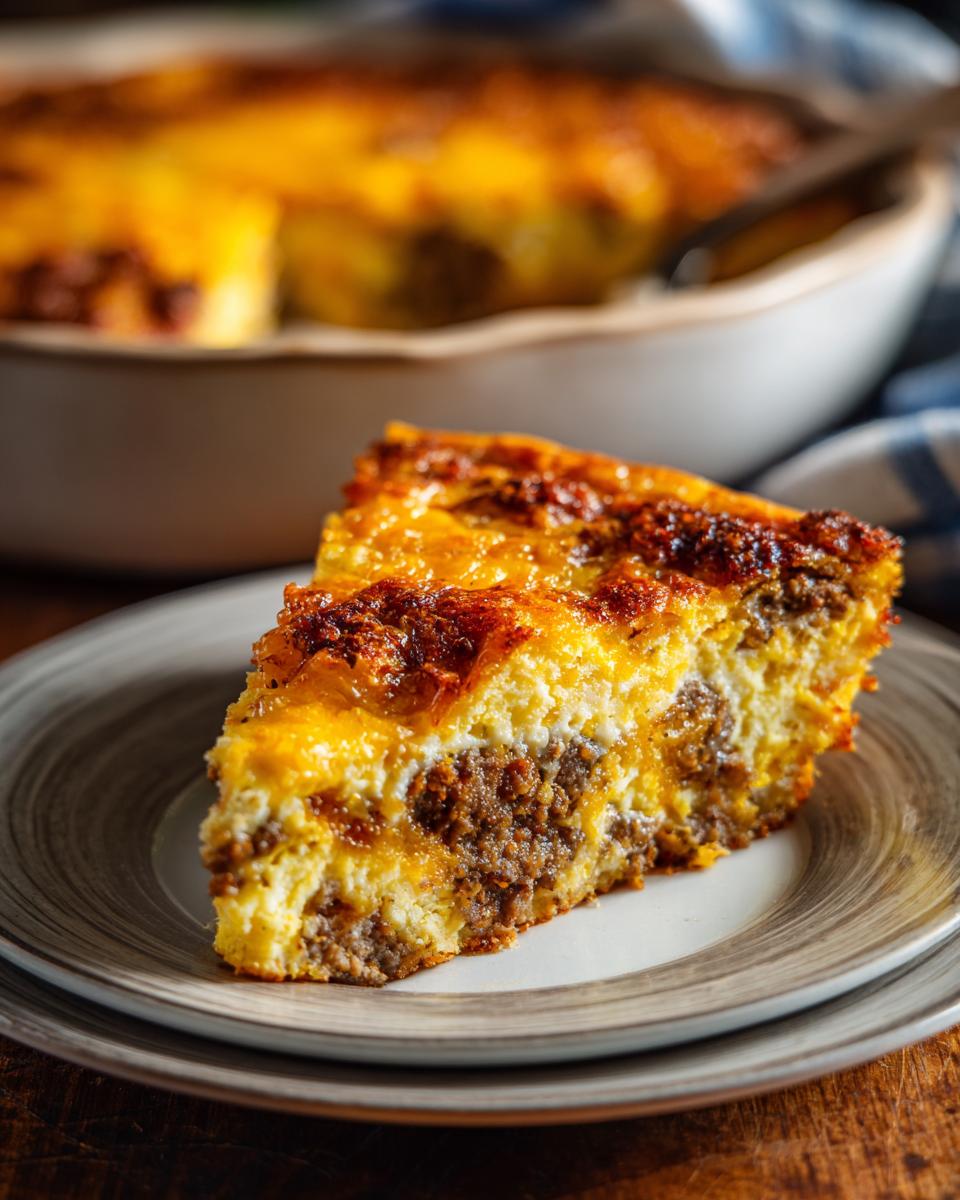 A delicious slice of Crockpot Breakfast Casserole with layers of sausage, egg, and cheese.