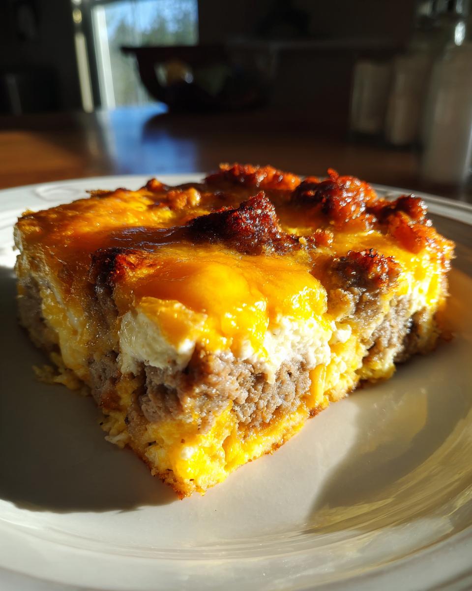 A hearty slice of Crockpot Breakfast Casserole with layers of sausage, eggs, and melted cheese.