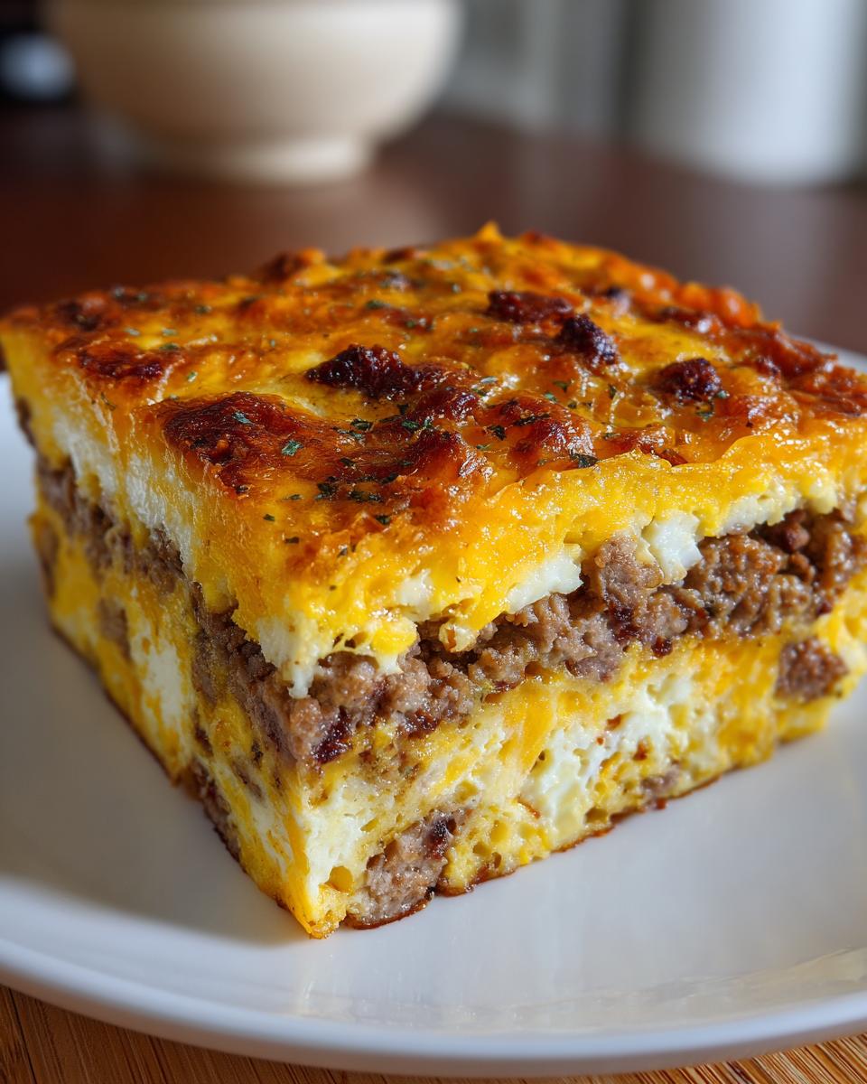A hearty slice of Crockpot Breakfast Casserole (Slow Cooker) featuring layers of sausage, eggs, and cheese.