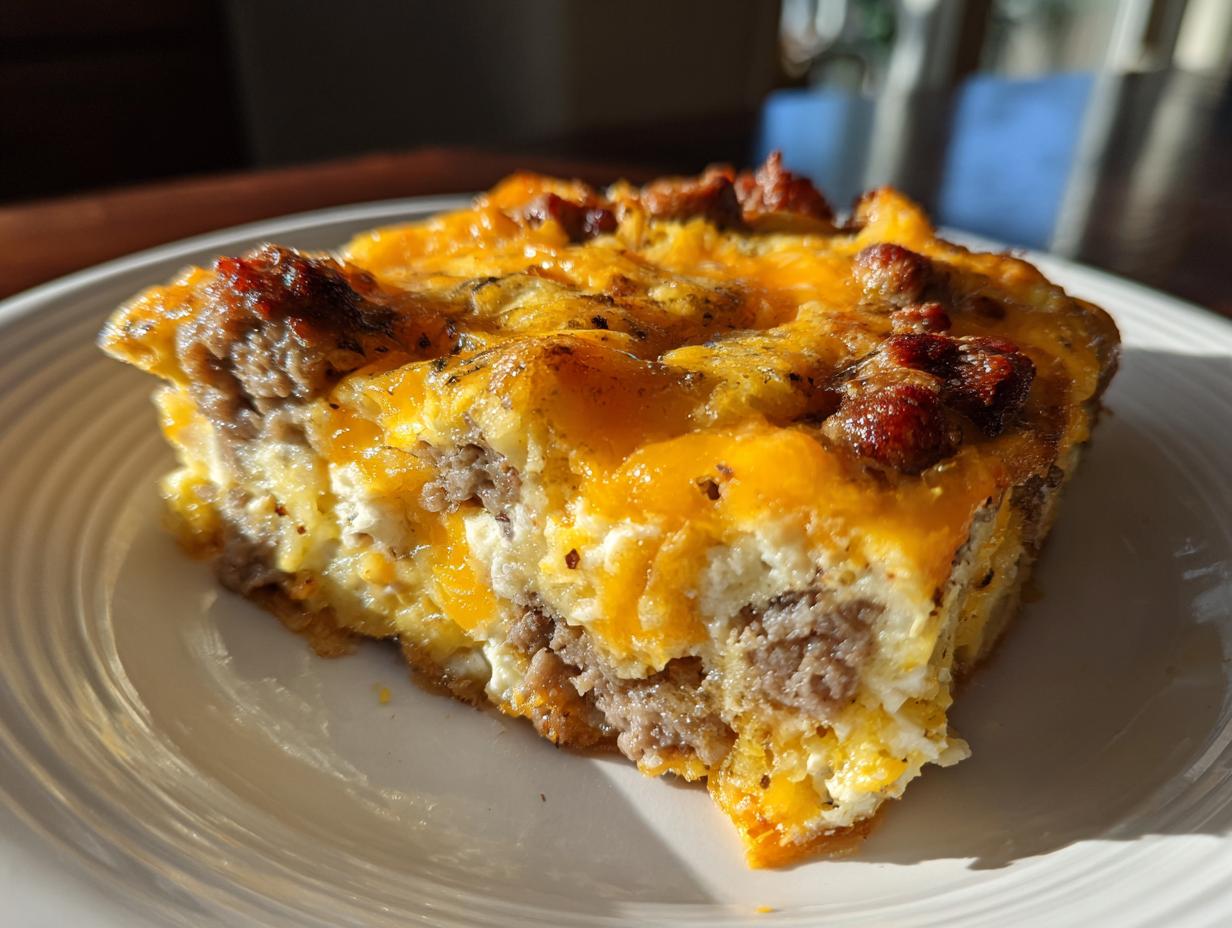 A hearty slice of Crockpot Breakfast Casserole (Slow Cooker) with layers of sausage, eggs, and melted cheese.