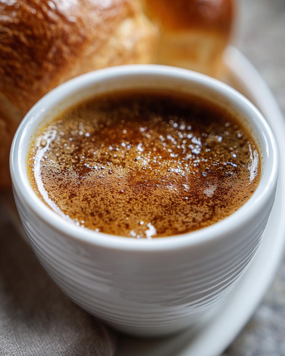 A close-up of a white cup filled with rich, frothy Au Jus, perfect for dipping French dip sandwiches.